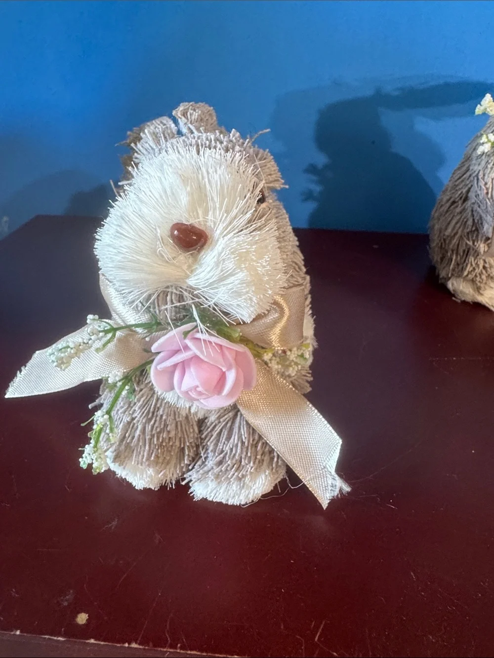 Pair of Easter Bunny Plush Figurines with Pink Rose Accents - Taupe